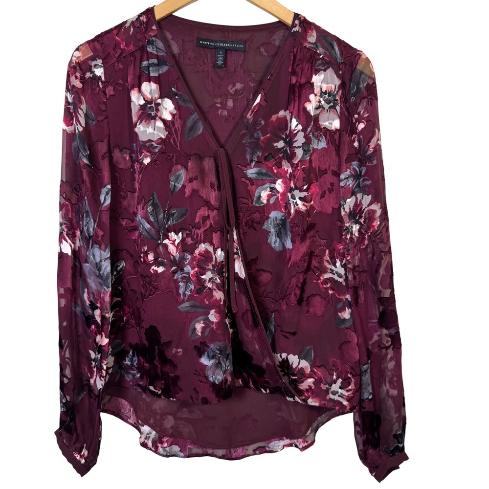 WHBM Womens Blouse 4 Burgundy Floral Burnout Velvet Surplice Neckline Whimsigoth